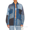 Patchwork Floral Oversize Button Up Pockets Denim Jacket